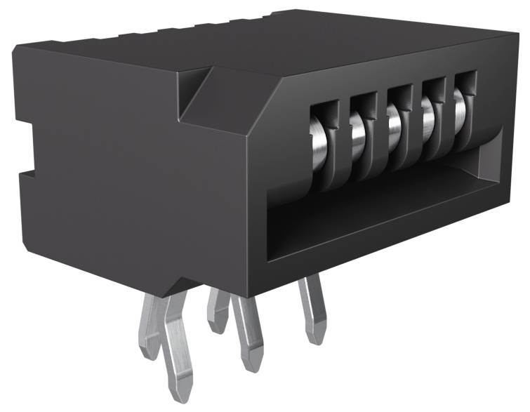 Czarny złącze elektryczne z pięcioma gniazdkami pinów i metalowymi stykami wystającymi z dołu, używane do połączeń obwodów elektronicznych.