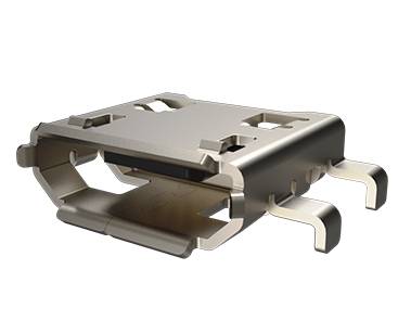 Metalowy złącz USB, płaski, z wieloma stykami lutowniczymi do montażu na płytkach elektronicznych.