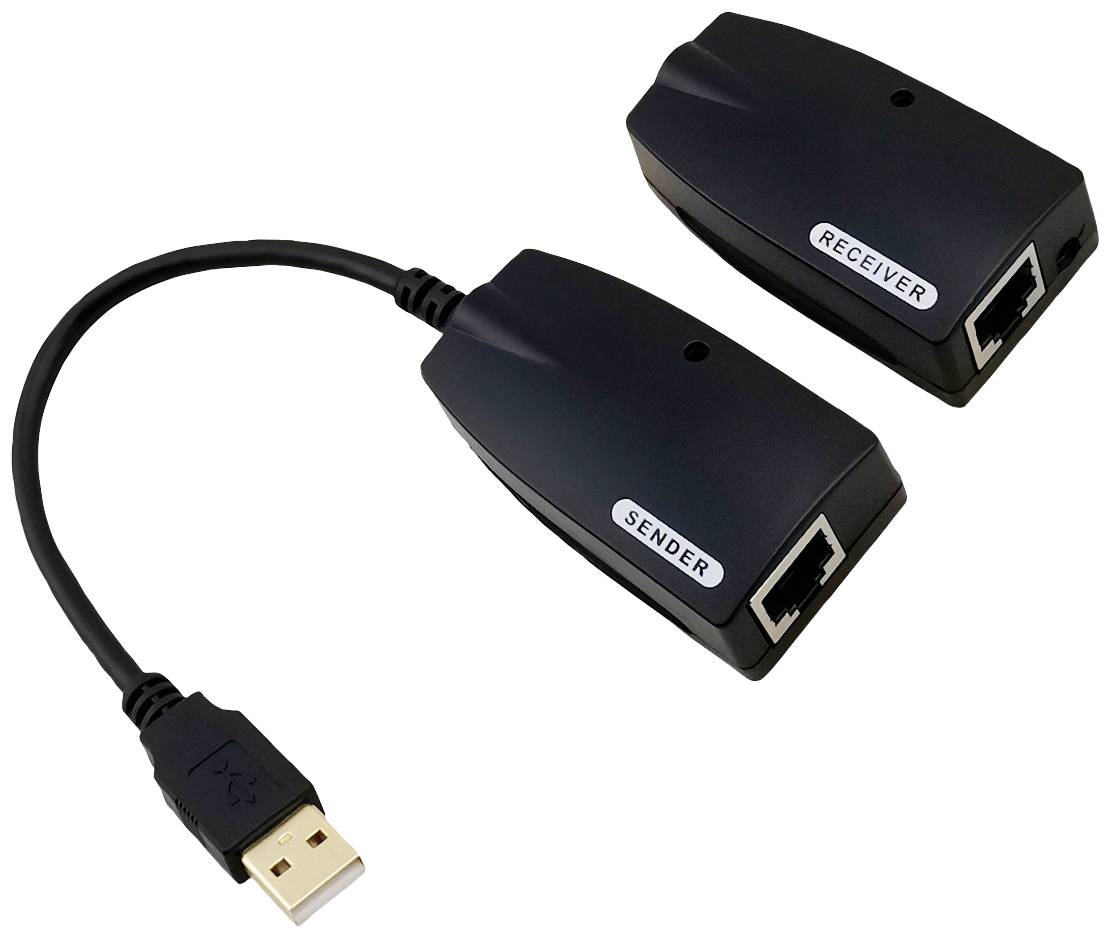 Adapter USB do sieci przedstawia dwa moduły: nadajnik z wtyczką USB oraz odbiornik z gniazdem kabla sieciowego.