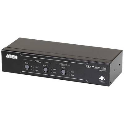 Czarny przełącznik matrycowy HDMI 2x2 z czterema przyciskami na przedniej płycie, oznaczonymi jako 'WYJ 1', 'WYJ 2', 'WEJ 1', 'WEJ 2'. Obsługa 4K.