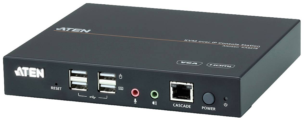 Czarny przełącznik KVM z portami: dwa porty USB, wejścia i wyjścia audio, port sieciowy, wyjście VGA oraz przyciski reset i zasilania.