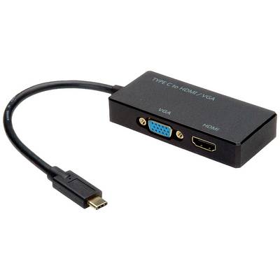 Adapter USB-C do HDMI/VGA. Czarny adapter z wyjściami VGA i HDMI, połączony przewodem USB-C.
