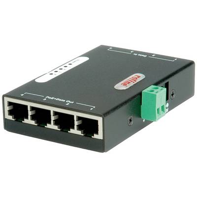 Czarny przełącznik sieciowy z czterema portami Ethernet i zielonym złączem zasilania z boku, odpowiedni do zastosowań PoE.