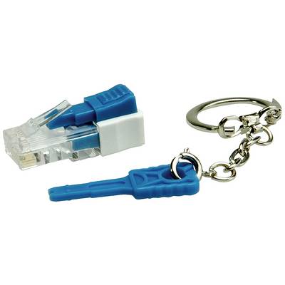 Brelok w kształcie niebieskiego kabla sieciowego obok prawdziwej wtyczki RJ45 z niebieskim zaczepem.