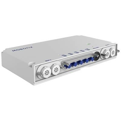 Białe urządzenie elektroniczne firmy MOBOTIX z wieloma złączami i wskaźnikami LED, prawdopodobnie rozdzielacz lub jednostka sterująca.