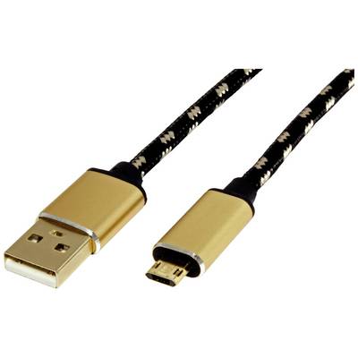 Kabel USB do Micro USB o plecionym, czarno-złotym wzorze, przeznaczone do przesyłania danych i ładowania urządzeń.