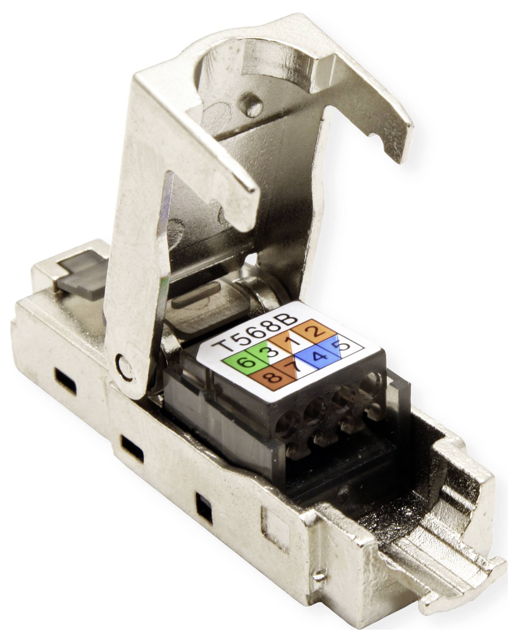 Wtyk sieciowy RJ45 z odkrytą metalową osłoną przedstawia kod kolorów dla okablowania T568B.