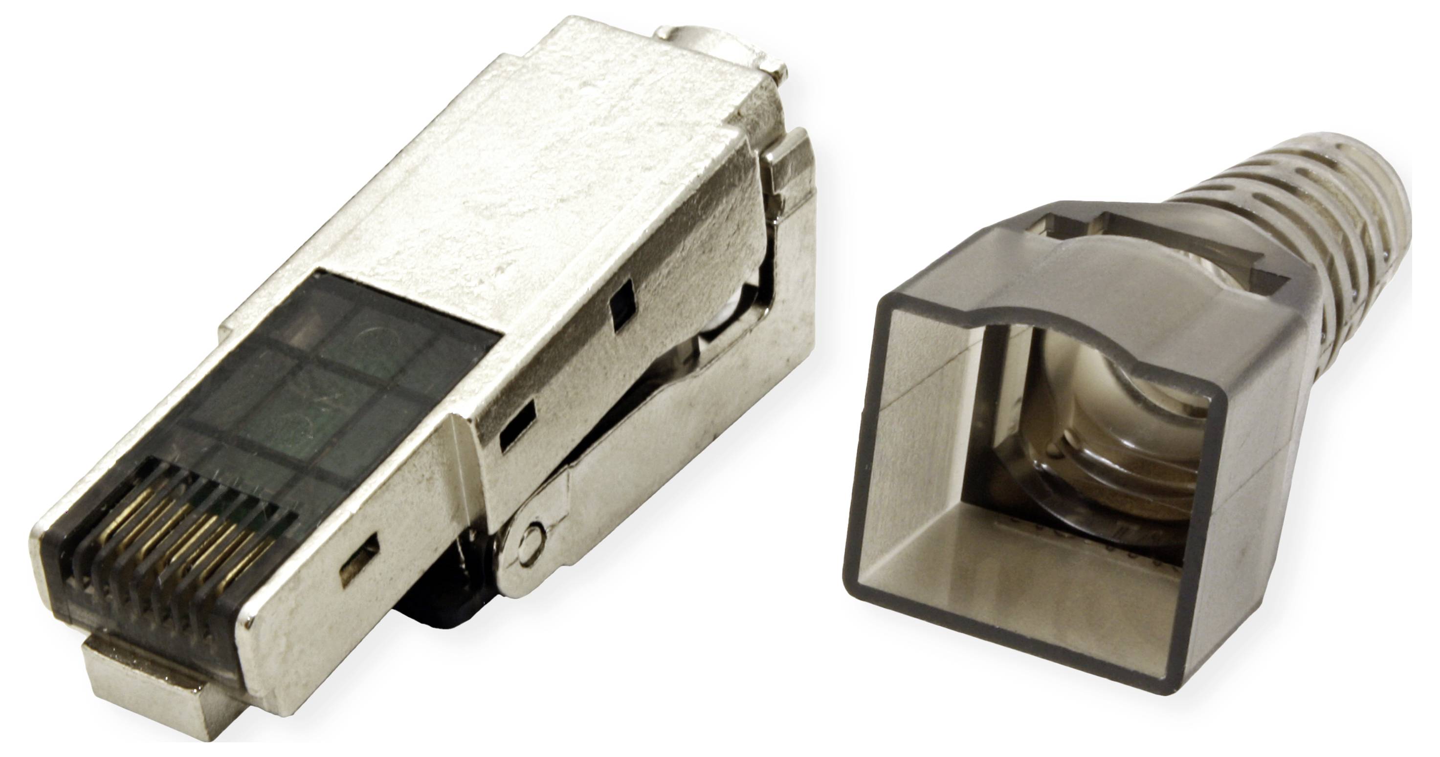 'Dwa wtyki RJ45: po lewej stronie w pełni zmontowany, po prawej stronie widok po demontażu. Komponenty do połączeń kablowych Ethernet.'