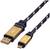 Kabel USB ze złotą wtyczką i plecionym przewodem w kolorze czarno-brązowym w zbliżeniu; po lewej stronie standardowe złącze USB, po prawej złącze Micro-USB.
