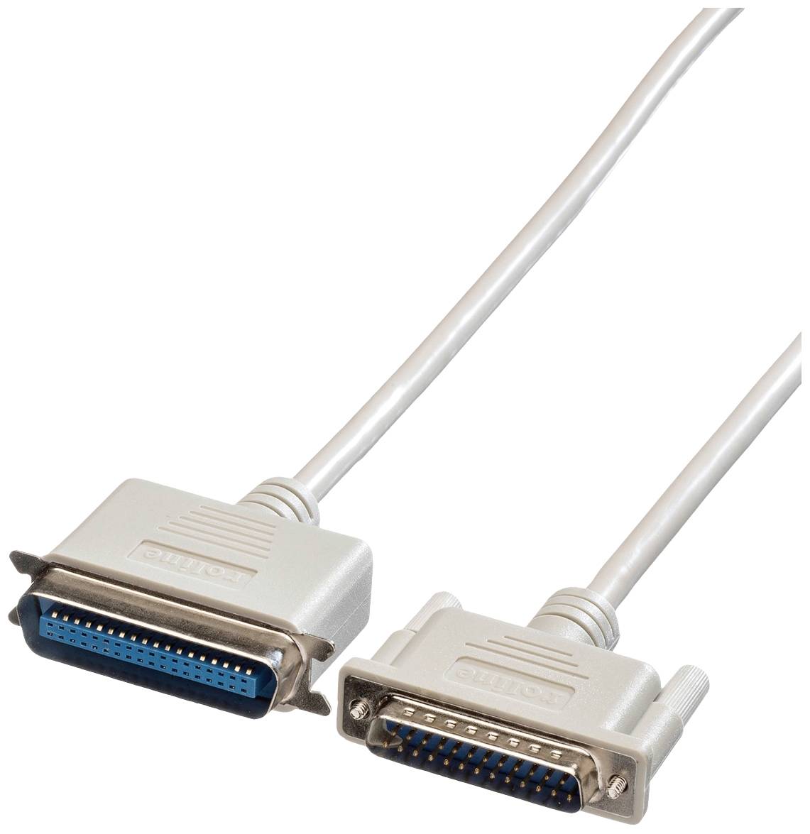 Równoległy kabel drukarki z 36-stykowym złączem po lewej stronie i 25-stykowym złączem po prawej stronie.