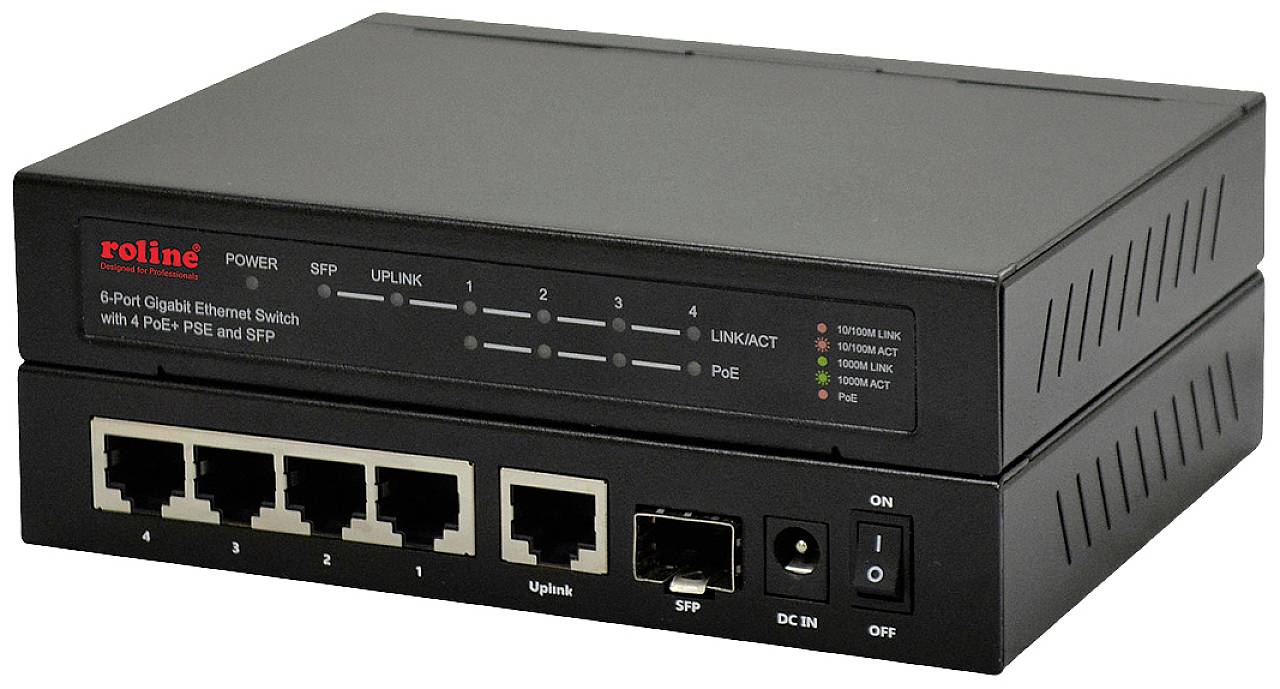 Czarny przełącznik sieciowy z sześcioma portami Ethernet, złączem SFP i funkcją PoE, przeznaczony do połączeń Gigabit.