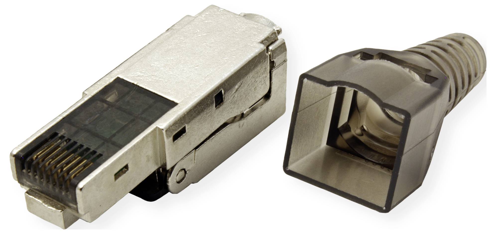 Metalowy wtyk RJ45 z tworzywa sztucznego obok plastikowej nasadki ochronnej, stosowany w kablach sieciowych Ethernet.