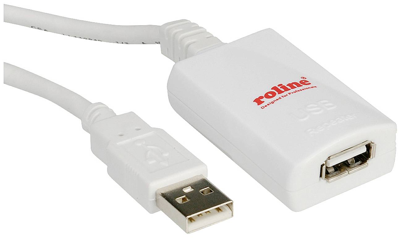 Kabel USB i adapter, białe, marka 'roline'. Adapter z gniazdem USB i tekstem 'Odpowiednie podłączenie'.