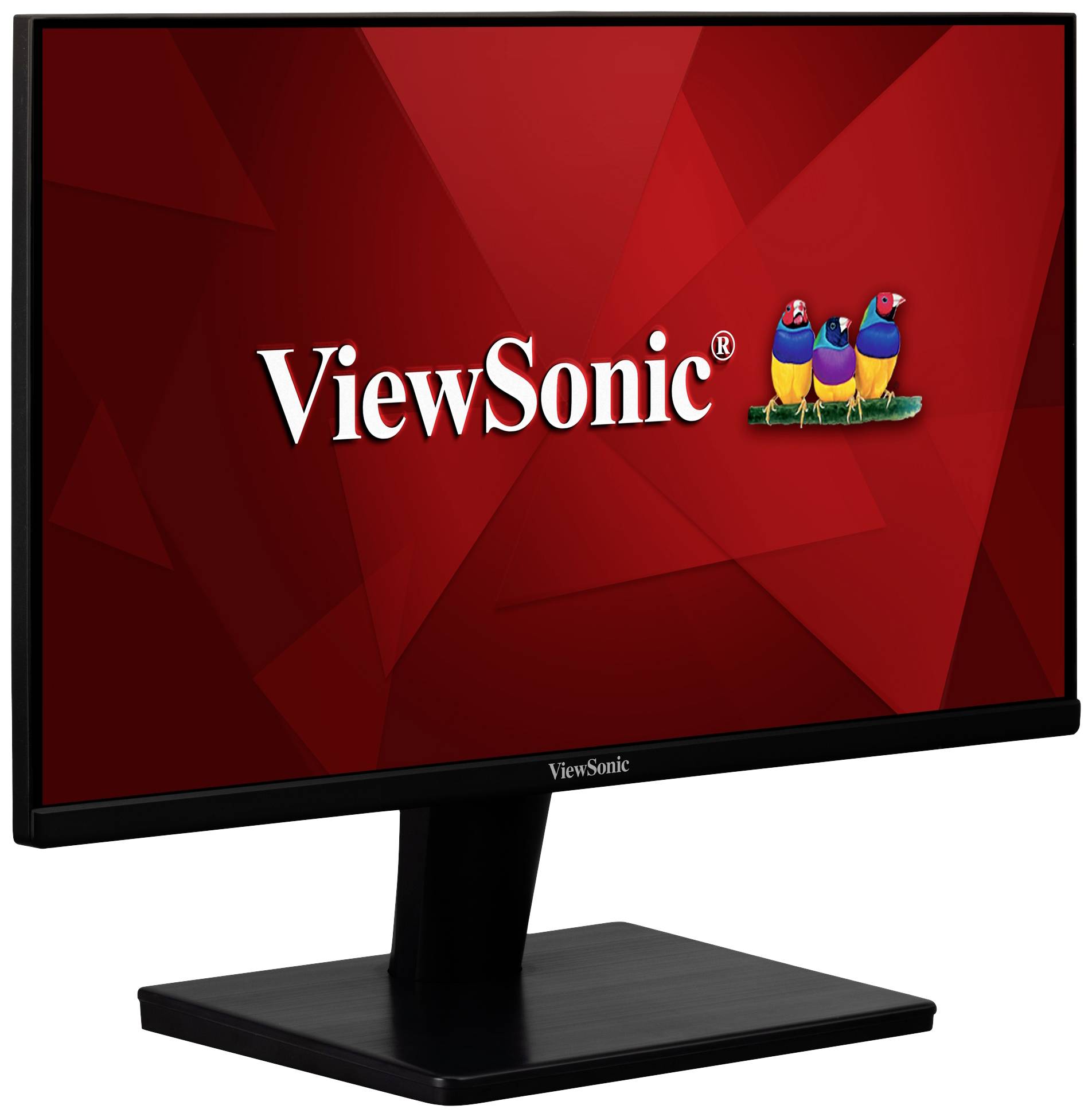 Monitor marki ViewSonic z czerwonym tłem i logo ViewSonic pośrodku ekranu.
