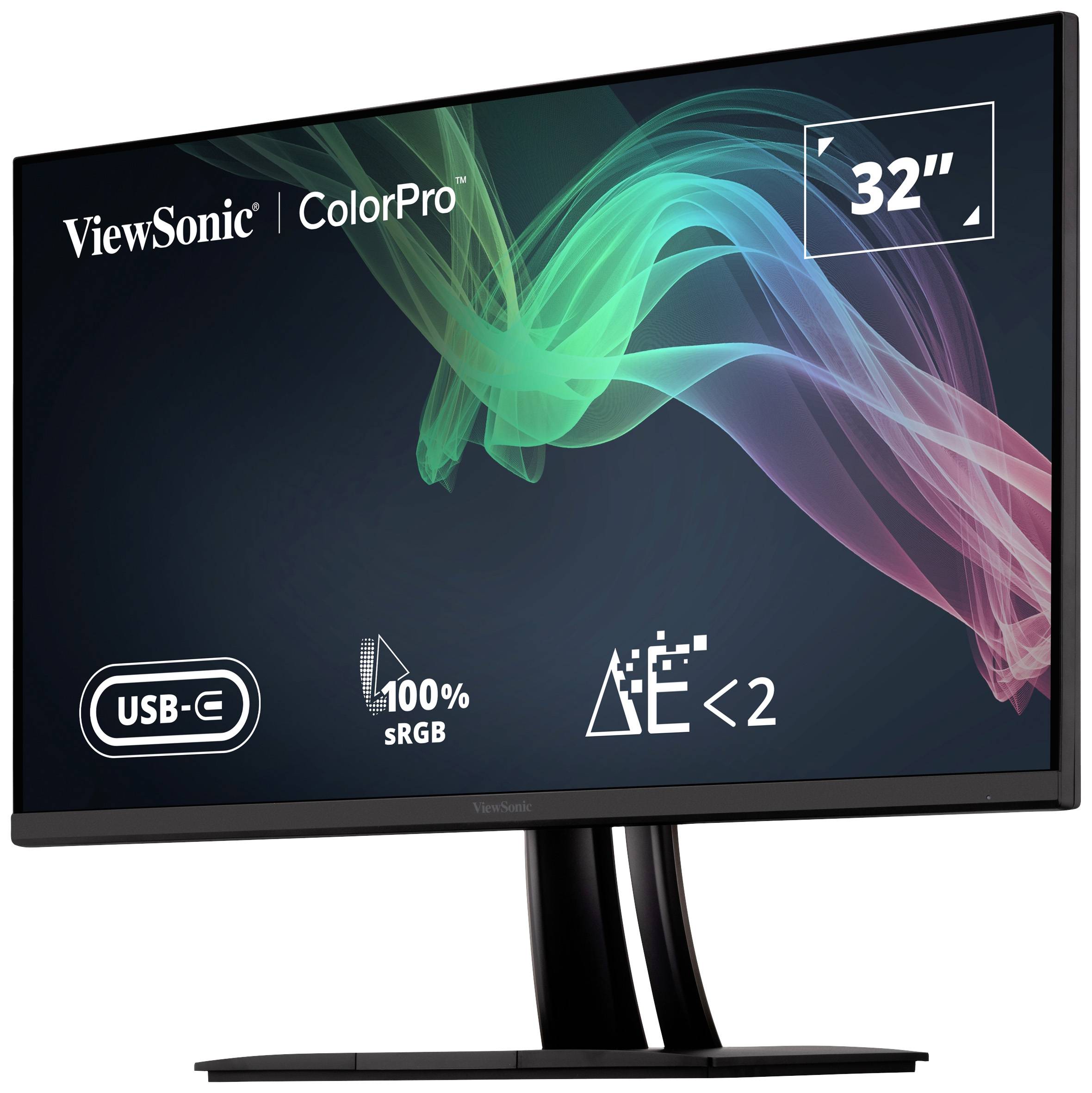 32-calowy monitor ViewSonic z serii ColorPro. Obsługuje USB-C, pokrycie 100% przestrzeni barw sRGB, z funkcjami oszczędzania energii.