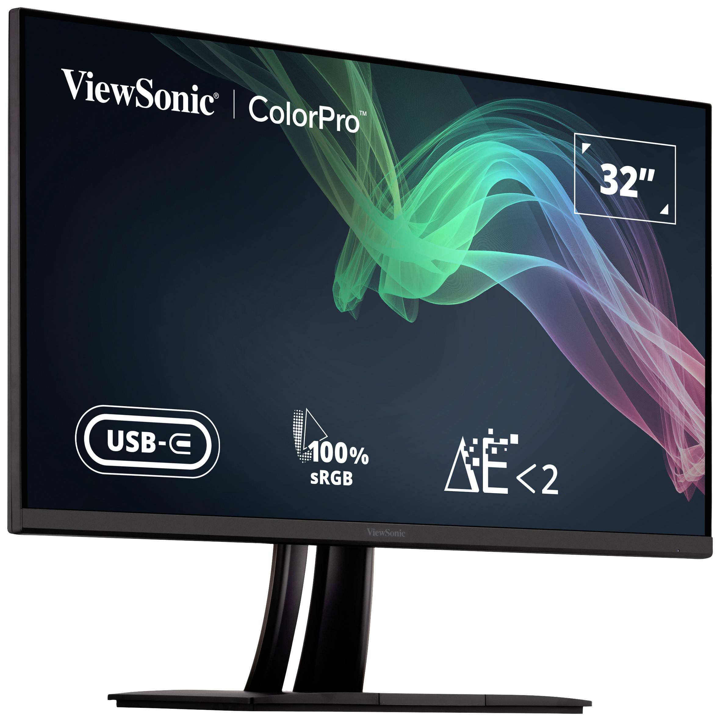32-calowy monitor ViewSonic o nazwie 'ColorPro'. Obsługuje USB-C, pokrywa 100% przestrzeni barw sRGB i charakteryzuje się niską emisją niebieskiego światła.
