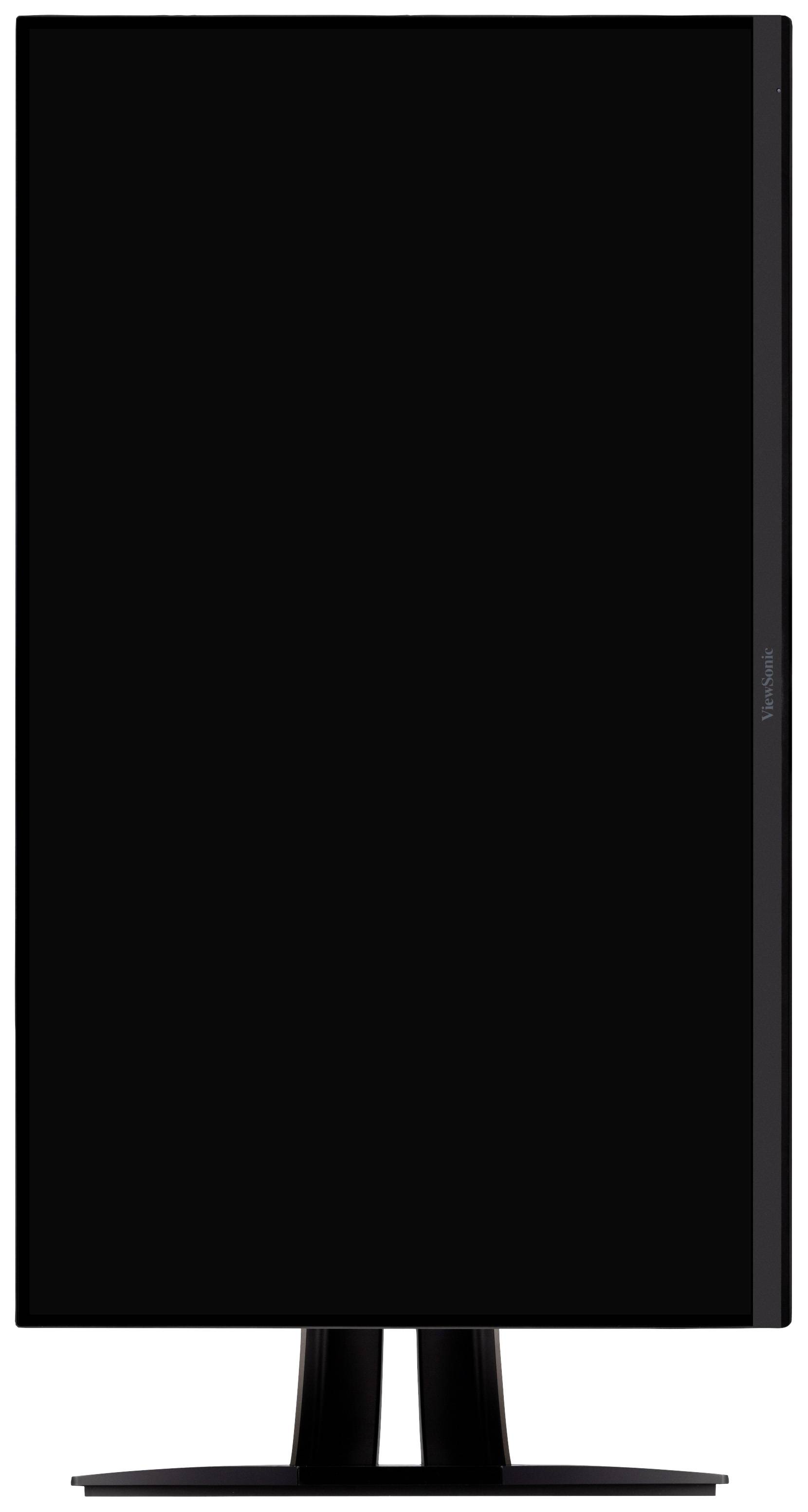 Monitor w orientacji pionowej, całkowicie wyłączony, na czarnej podstawce.