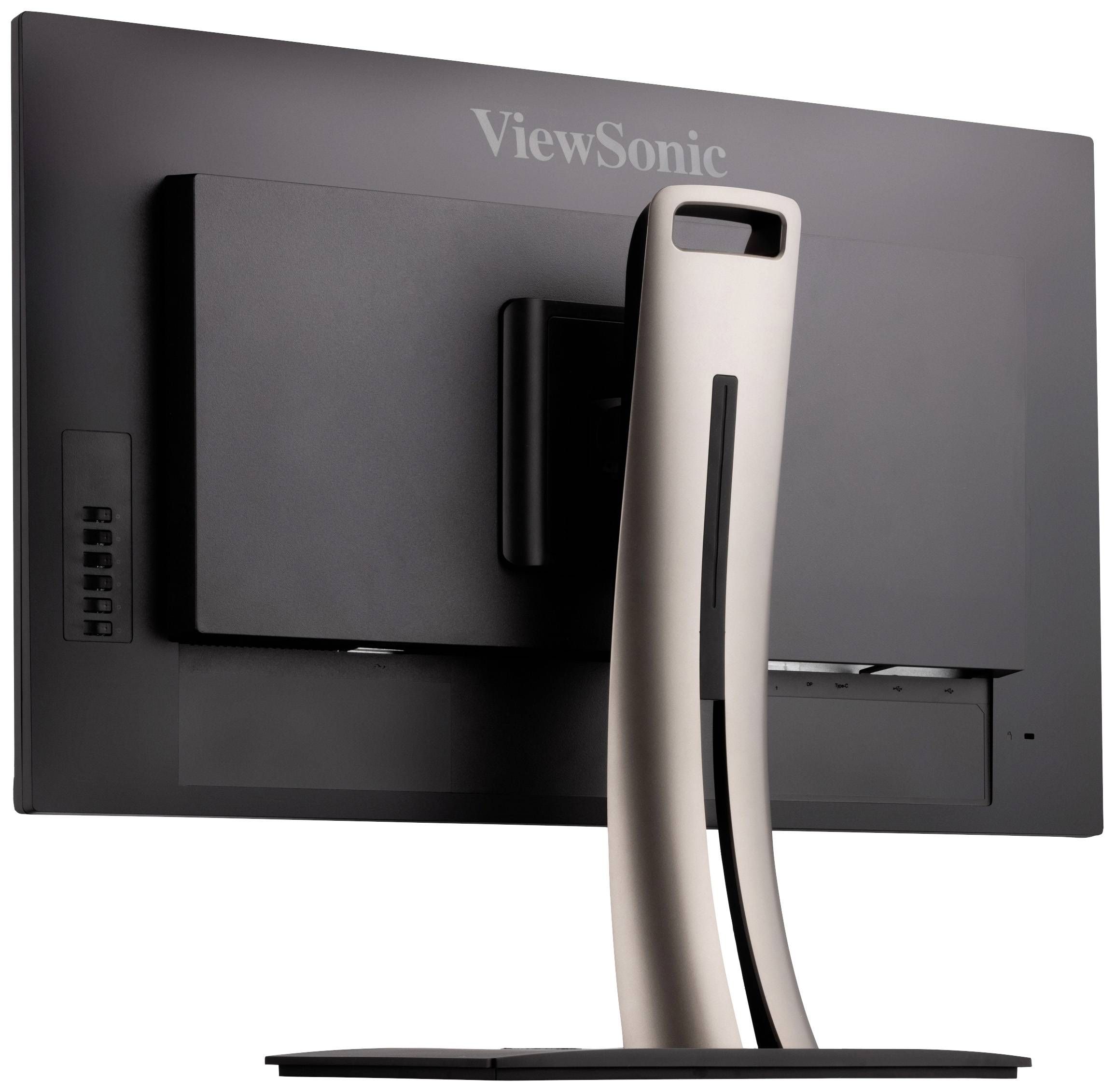 Widok z tyłu czarnego monitora ViewSonic z elegancką, zakrzywioną podstawą.