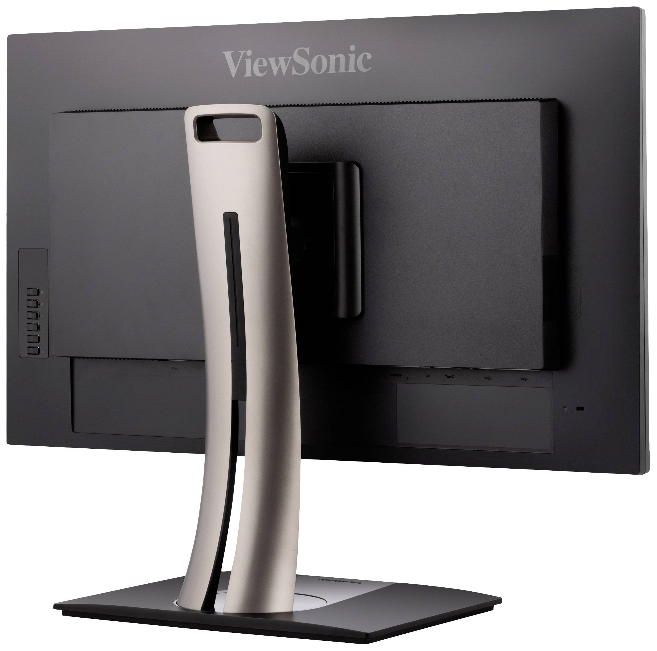 Czarny monitor 'ViewSonic' widziany od tyłu z srebrną podstawą, bez widocznego ekranu i złączy.