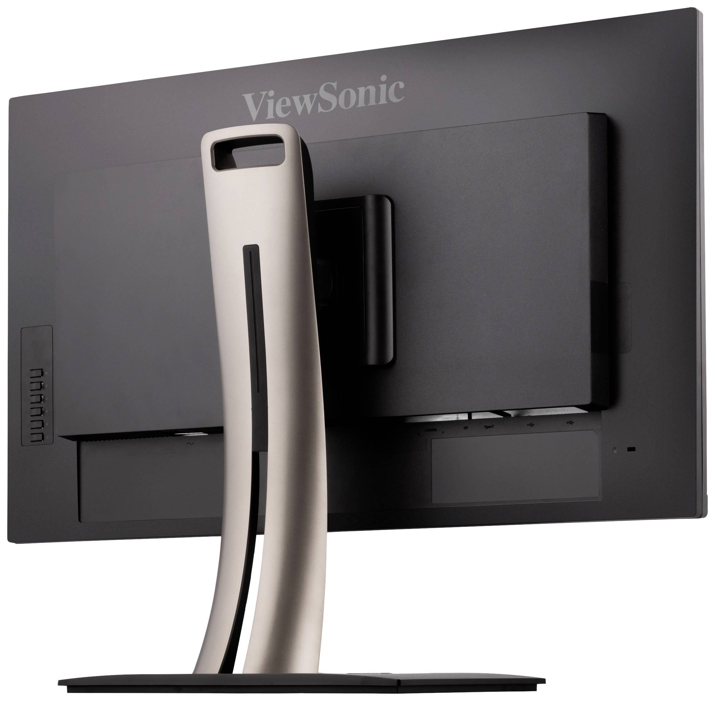 Tylna strona czarnego monitora ze stabilną podstawą. Na obudowie widnieje nazwa marki 'ViewSonic'.
