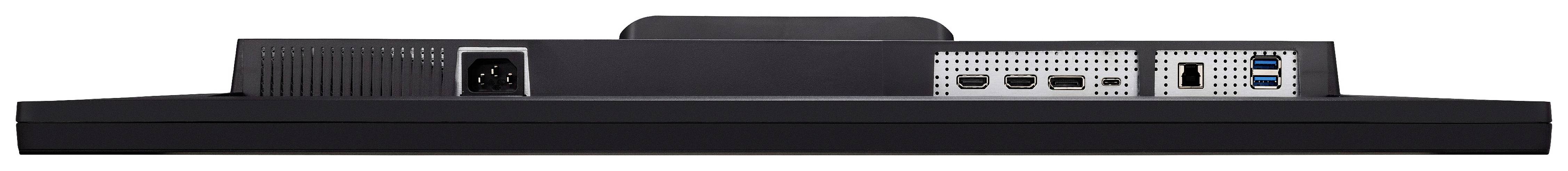 Spód monitora z różnymi złączami, w tym złączem zasilania, HDMI, DisplayPort oraz portami USB.