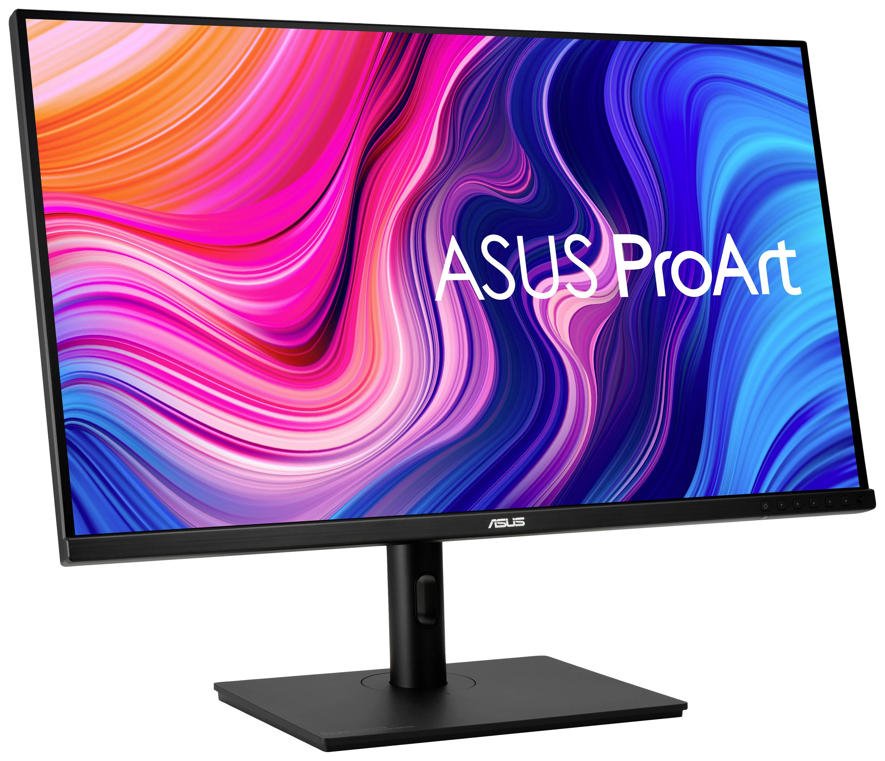 Monitor ASUS ProArt z żywym, abstrakcyjnym tłem kolorystycznym na ekranie.