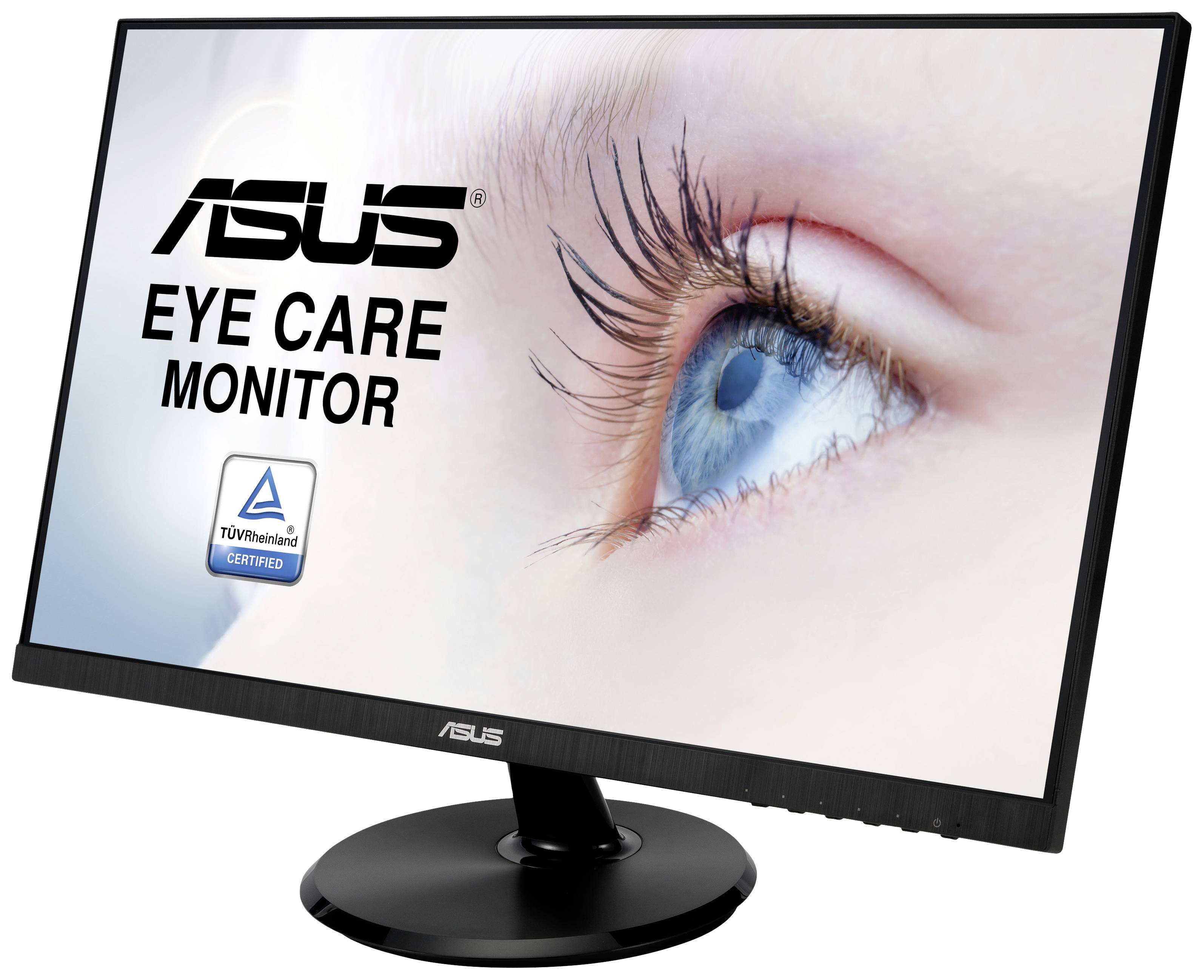 Monitor z napisem 'ASUS Eye Care Monitor' wyświetla zbliżenie oka. Widoczne jest certyfikowane przez TÜV logo oznaczające ochronę oczu.