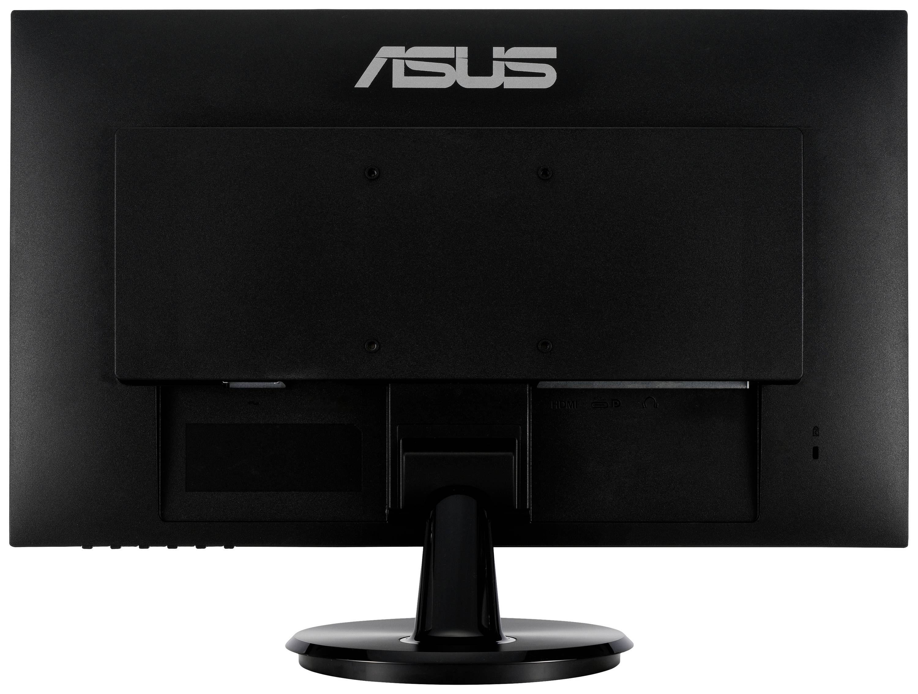 Tylna strona monitora ASUS, obudowa w kolorze czarnym, prostokątny kształt z centralną podstawą, bez widocznych złączy lub kabli.