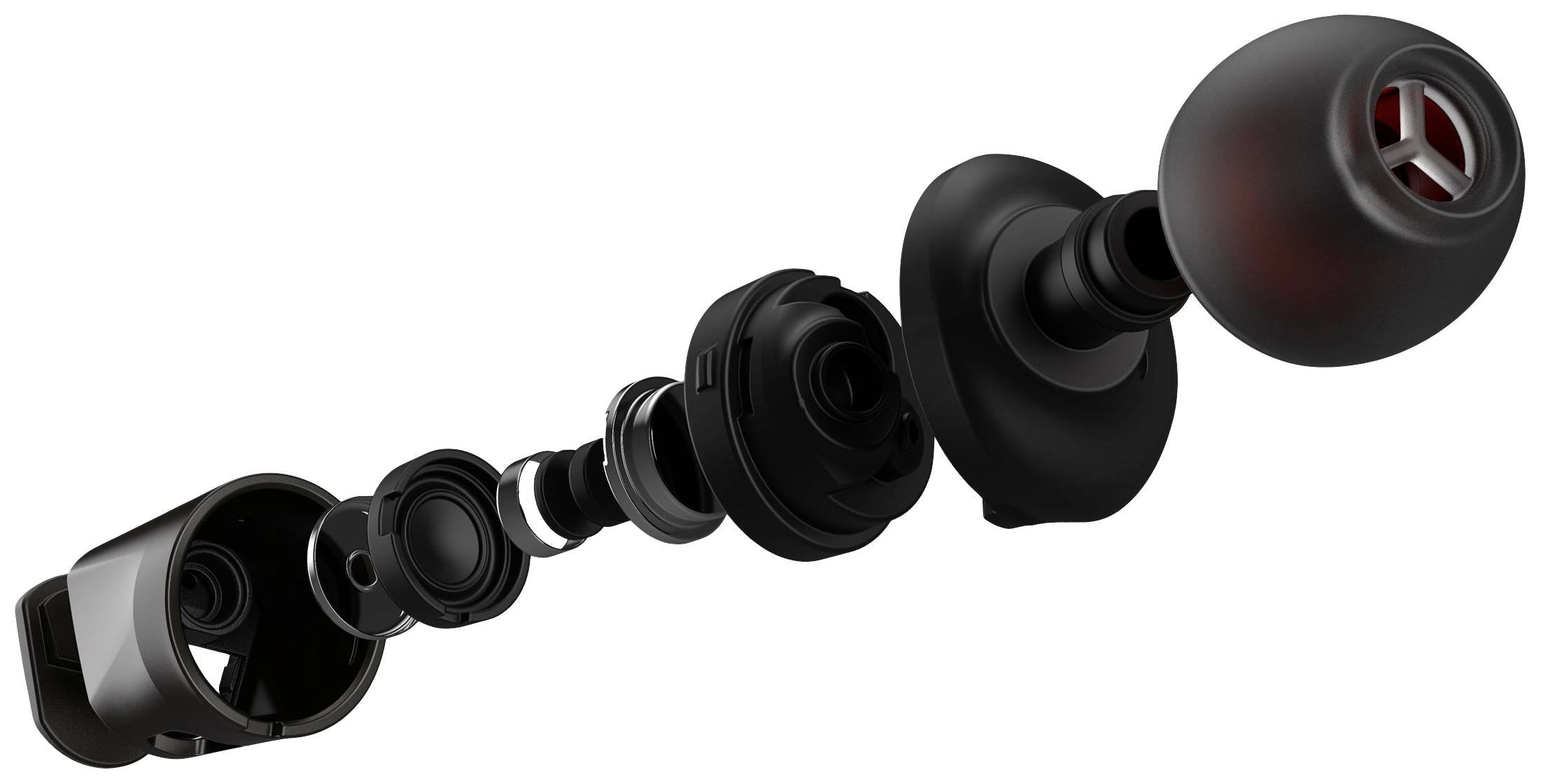 Rysunek rozstrzelony bezprzewodowych słuchawek dousznych: prezentuje wewnętrzne komponenty, takie jak głośnik, obudowa oraz elektroniczne układy scalone.