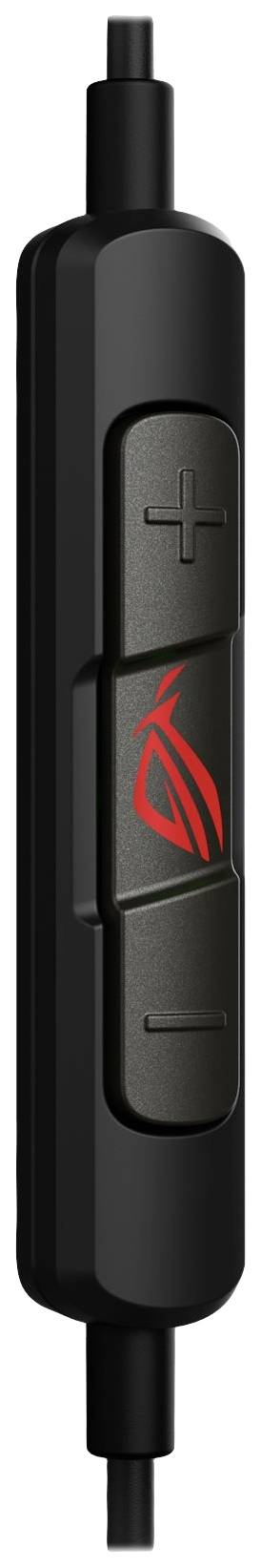 Czarna przewodowa pilot z regulatorem głośności, dwoma przyciskami z symbolami '+' i '-' oraz czerwonym logo pośrodku.