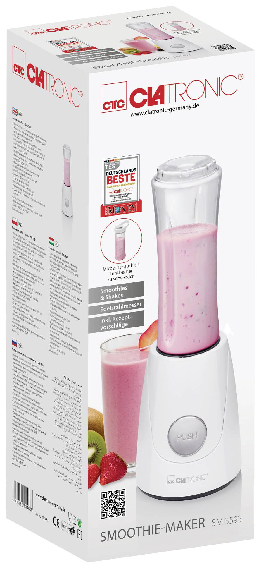 Opakowanie blendera do smoothie marki Clatronic, model SM 3593. Prezentuje urządzenie z różowym smoothie i obrazami owoców.