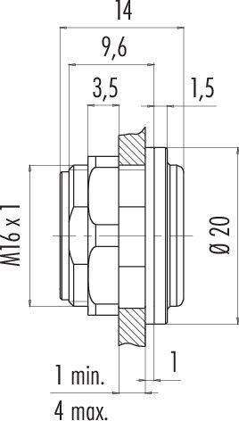 Rysunek techniczny złącza śrubowego kołowego; średnica 20 mm, gwint M16 x 1; zaznaczone różne wymiary.