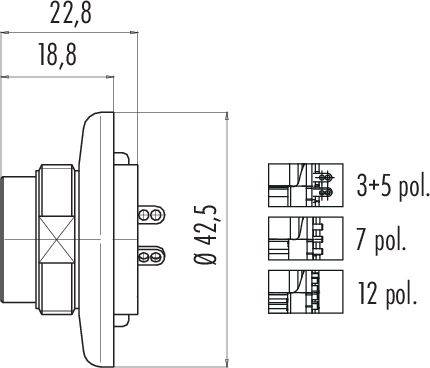 Rysunek techniczny złącza kołowego o wymiarach 22,8 mm x 18,8 mm i średnicy 42,5 mm. Przedstawia przekrój złączy o liczbie styków 3+5, 7 i 12.