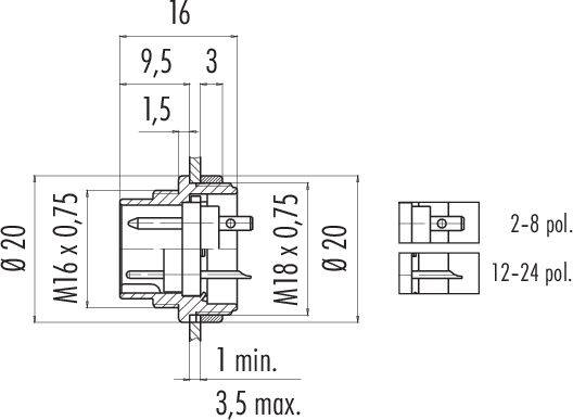 Rysunek techniczny złącza cylindrycznego z wymiarami. Główne wymiary: Ø20, długości: 16, 9,5, 3 mm. Oznaczenie: 2-8 pin, 12-24 pin.