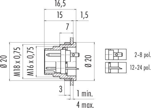 Rysunek techniczny złącza z wymiarami w milimetrach. Przedstawiono szczegóły takie jak średnica, gwint i rozmiar wtyczki.