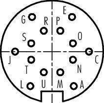 Diagram wtyczki z 13 pinami, oznaczony literami od G do E oraz numerami od 1 do 8 do identyfikacji pinów.