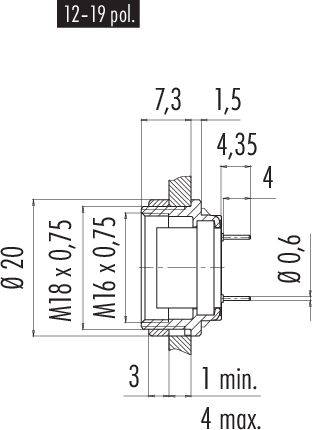 'Szczegółowy rysunek techniczny elementu cylindrycznego z wymiarami: średnica 20 mm, długość 12–19 mm, gwint wewnętrzny M16 x 0,75 oraz M18 x 0,75.'