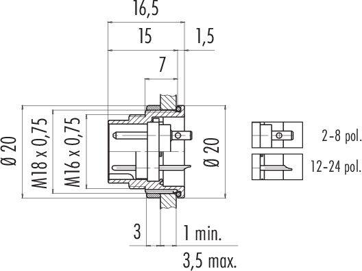 Rysunek techniczny złącza z wymiarami: średnica M18×0,75 i M16×0,75. Całkowita długość 16,5 mm, wymiar montażowy 1-3,5 mm.