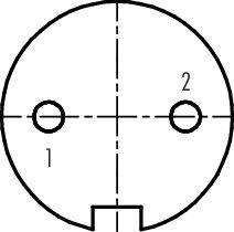 Rysunek okrągłego przedmiotu z dwoma otworami, z numerami 1 i 2 obok.