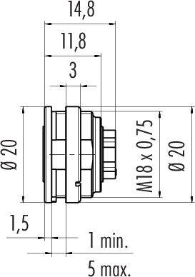 Rysunek techniczny cylindrycznego adaptera z gwintem M18 x 0,75, o średnicy 20 mm, z podanymi różnymi wymiarami.