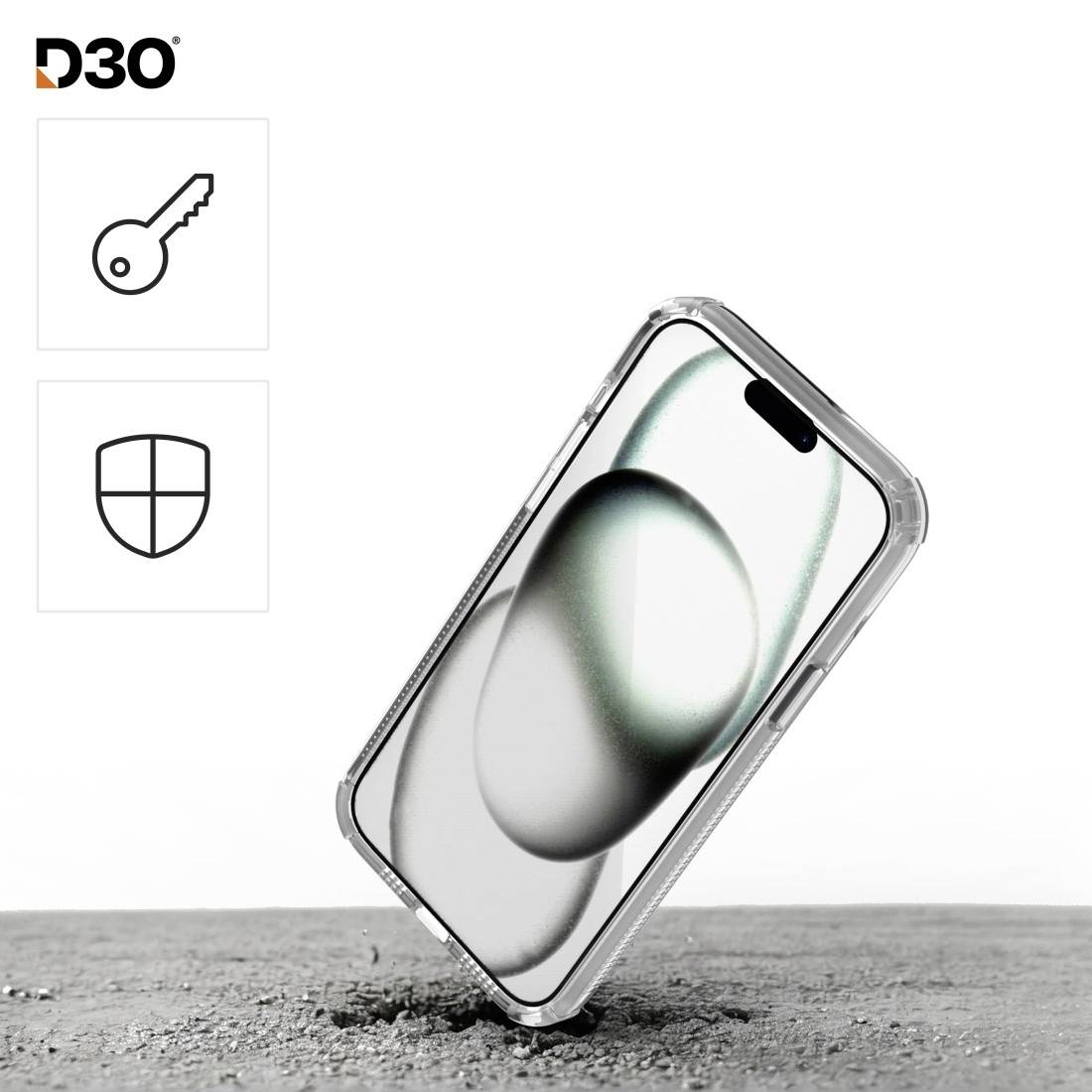 Smartfon w przezroczystej obudowie ochronnej unosi się nad szarym tłem; symbole bezpieczeństwa i ochrony po lewej stronie.