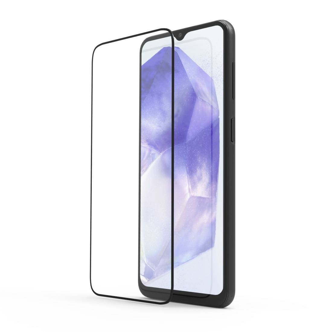 Smartfon z ochronnym szkłem wyświetlacza, prezentujący obraz jak kryształ. Szkło lekko unosi się nad ekranem, zapewniając ochronę.