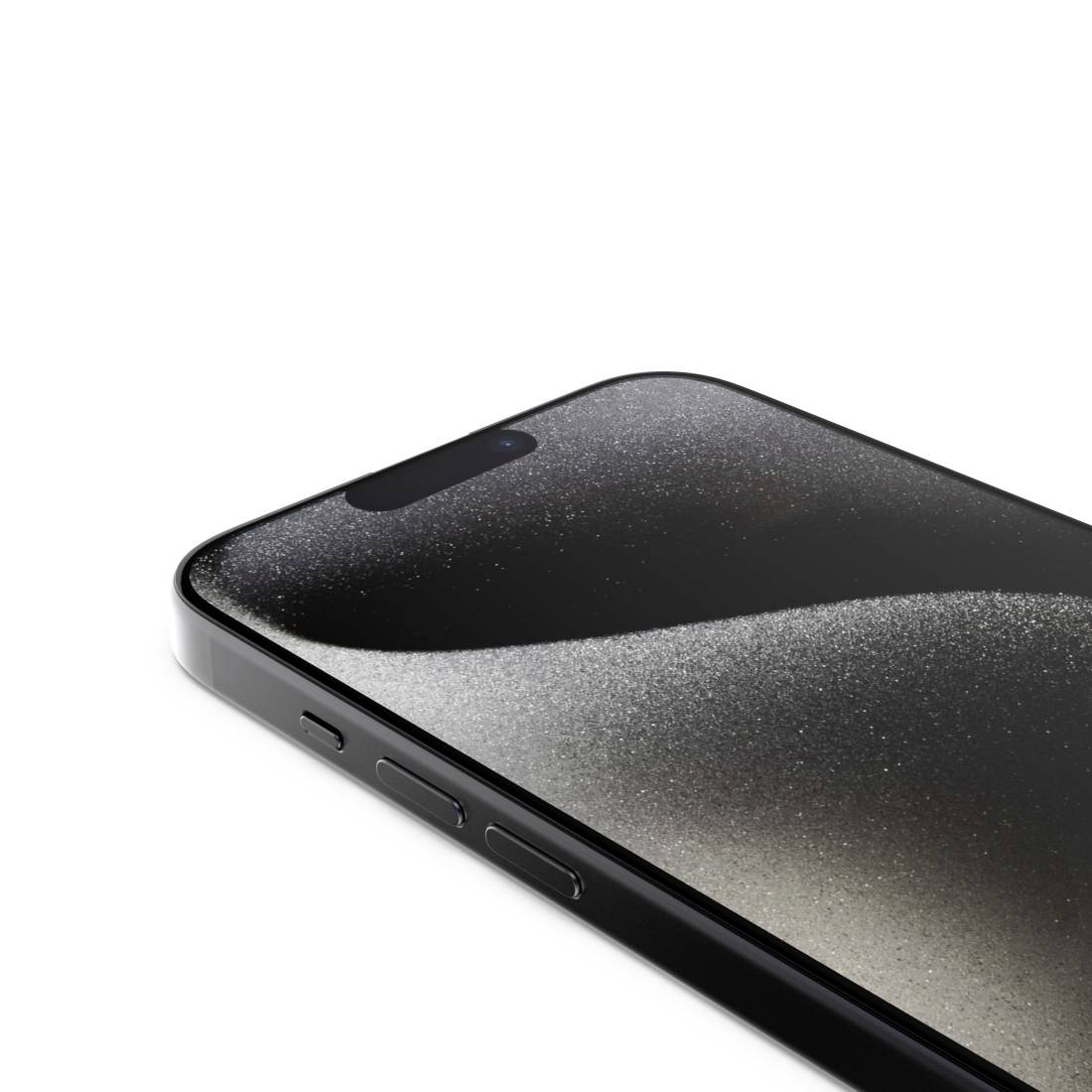 Nowoczesny smartfon z lśniącym czarnym ekranem i zaokrąglonymi narożnikami, ustawiony na białym tle.