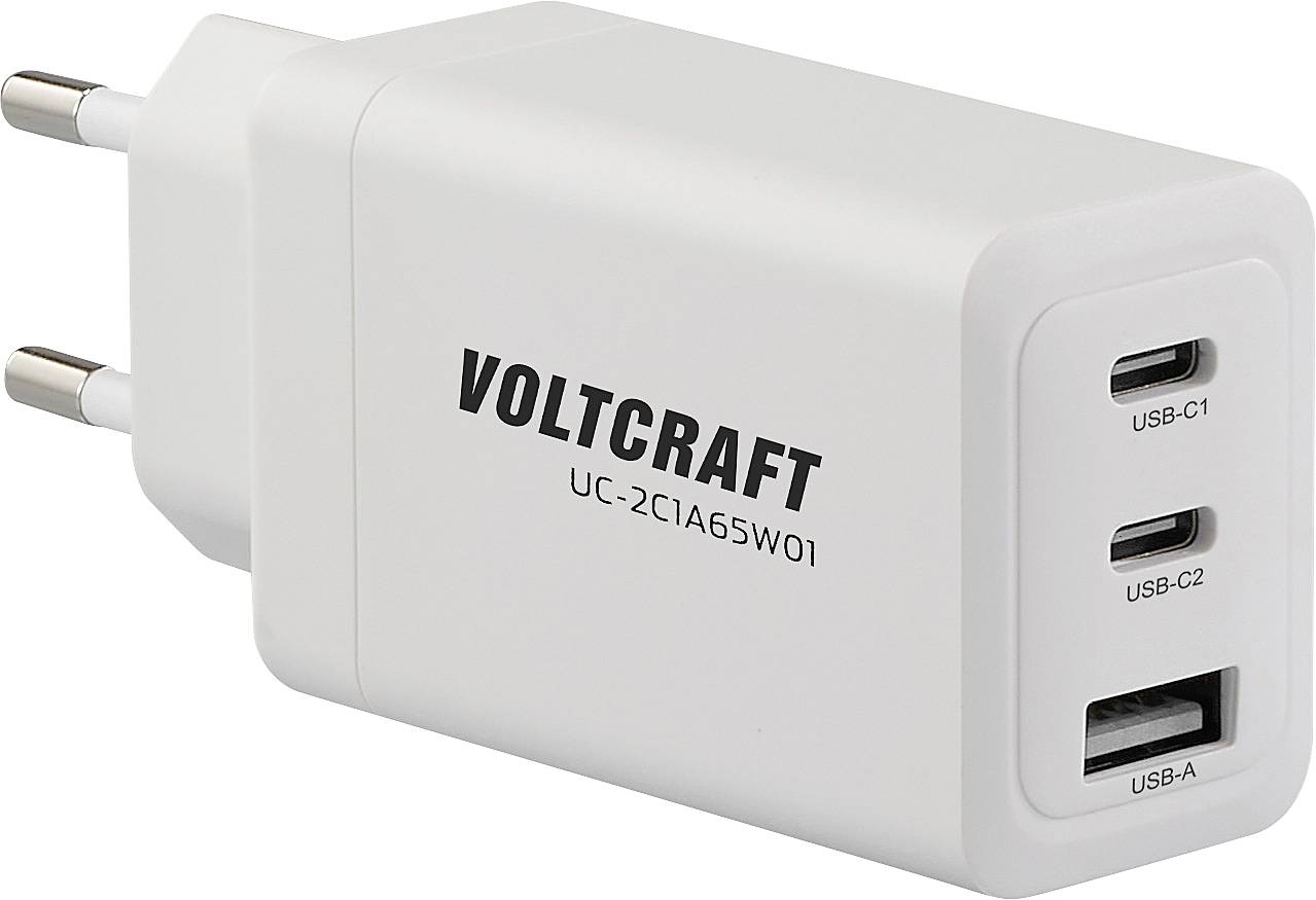 Зарядний пристрій VOLTCRAFT UC-2C1A65W01 65 Вт USB 1x USB-A, 2x USB-C® Fast Charge, Power Delivery 3.0 White House GaN