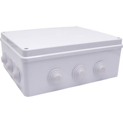 Biała, kwadratowa puszka instalacyjna z wieloma otworami bocznymi do prowadzenia przewodów w instalacjach elektrycznych.