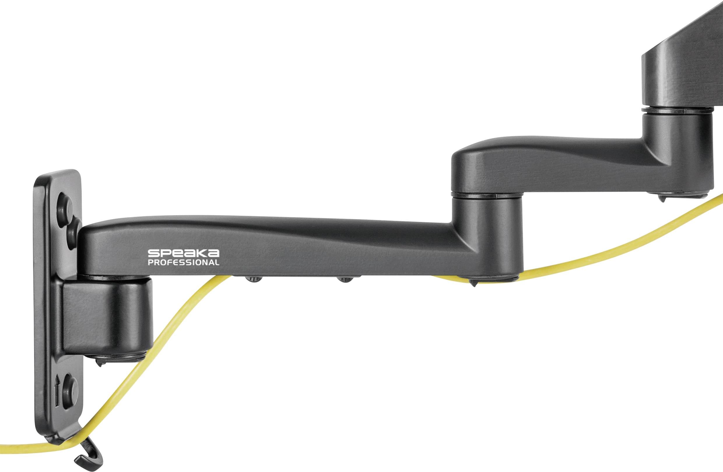 Metalowy uchwyt do monitora w kolorze czarnym z systemem zarządzania kablami na ramieniu. Mocowanie ścienne, idealny do biur lub stanowisk roboczych.