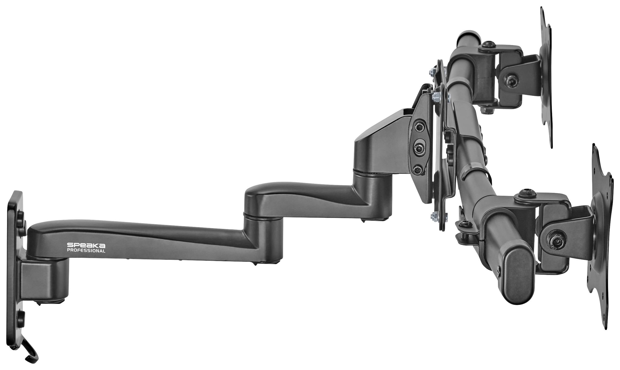 Dwa czarne, obrotowe ramiona do monitorów, zamontowane obok siebie na ścianie lub krawędzi biurka, wyposażone w uchwyty VESA.