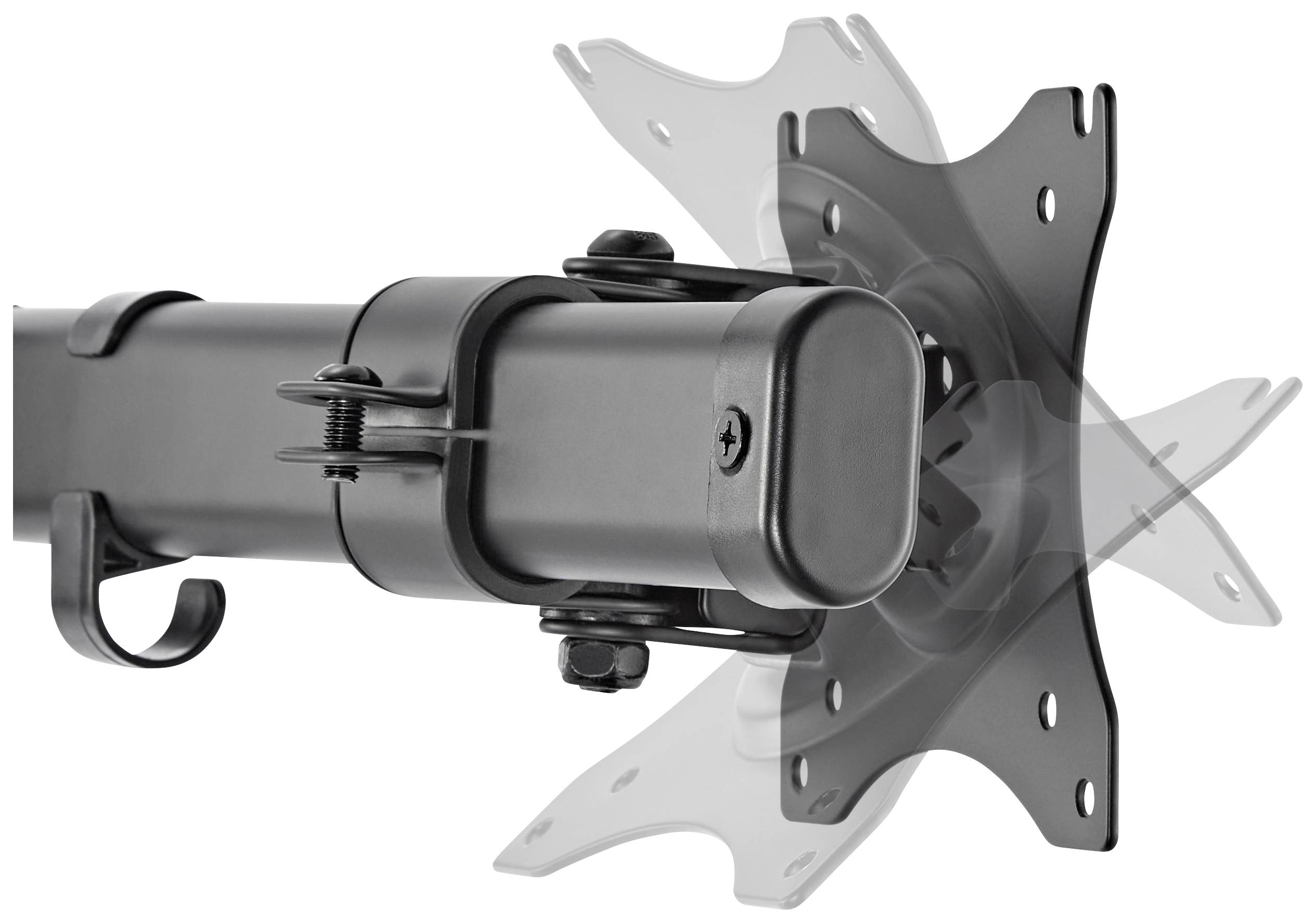 Uchwyt do monitora z obrotowym ramieniem demonstruje swoją elastyczność. Punkty mocowania ekranu są widoczne. Idealny do elastycznych stanowisk pracy.