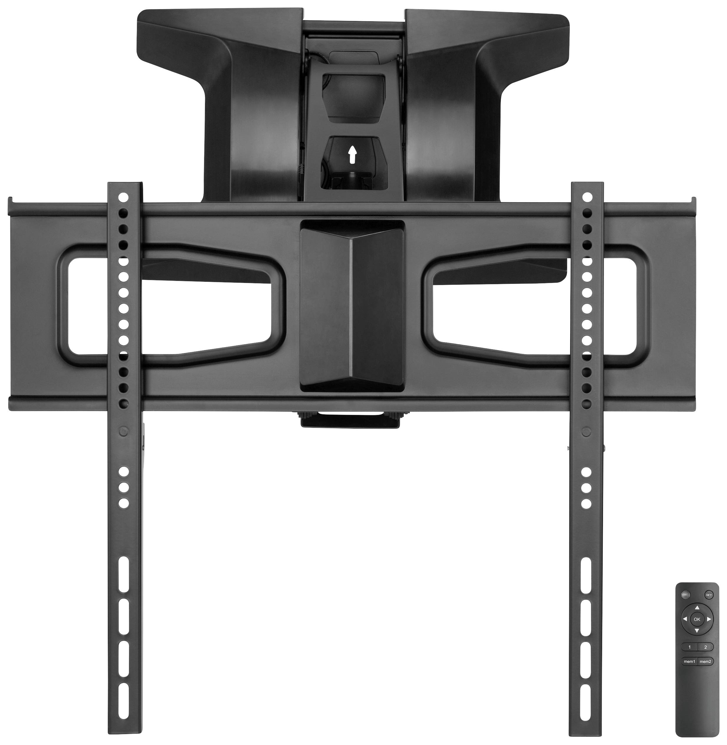 Uchwyt ścienny do telewizora w kolorze czarnym z obrotową strukturą ramienia oraz pilotem w zestawie. Odpowiedni dla dużych ekranów.