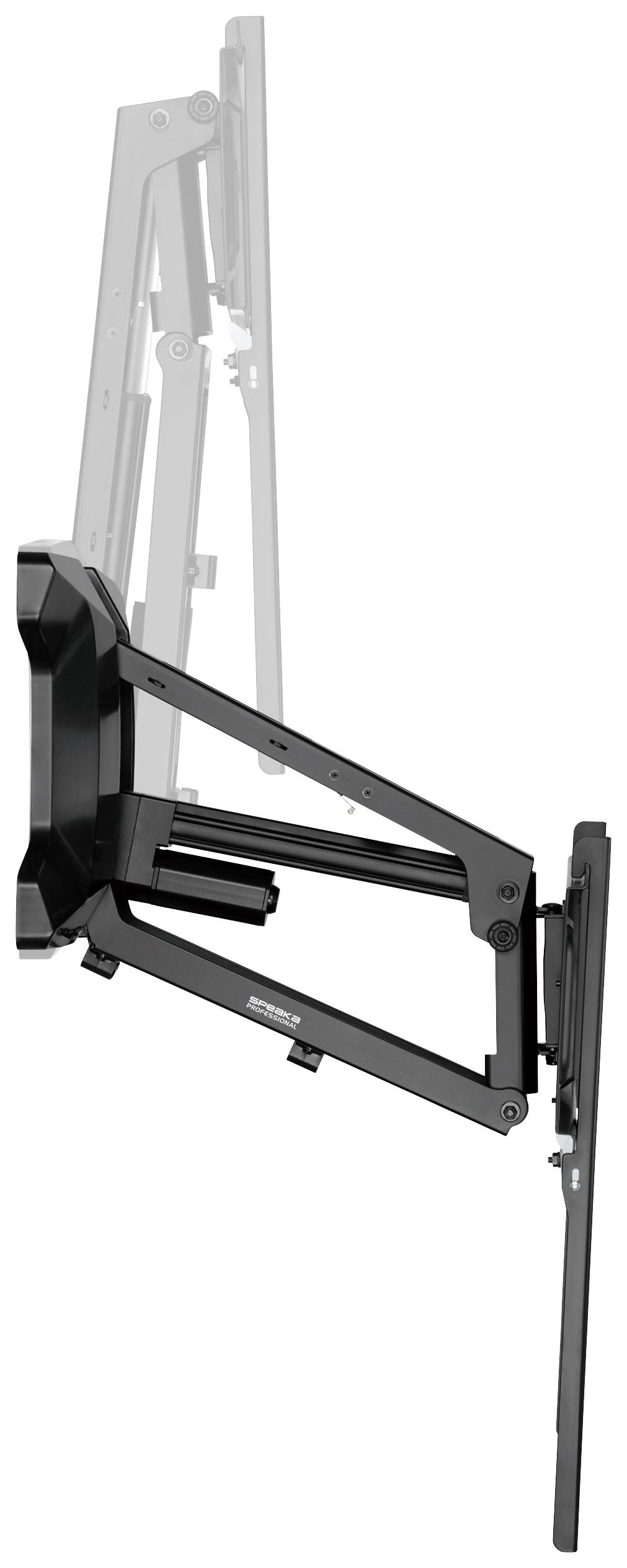 Składany uchwyt naścienny do wyświetlaczy w widoku bocznym, prezentujący funkcjonalność i budowę ramienia.